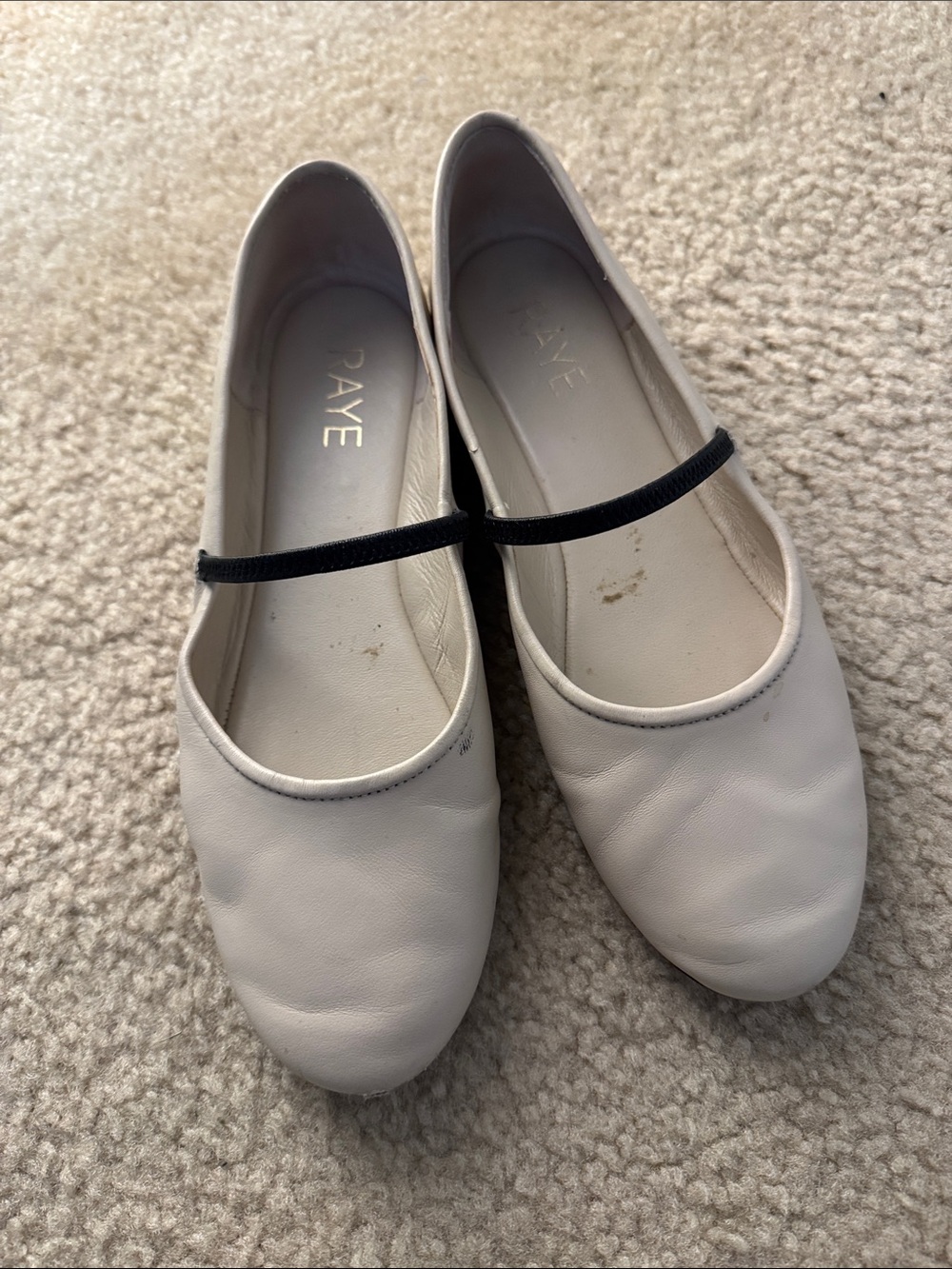 RAYE White Leather Mary Jane Flats with Black Strap